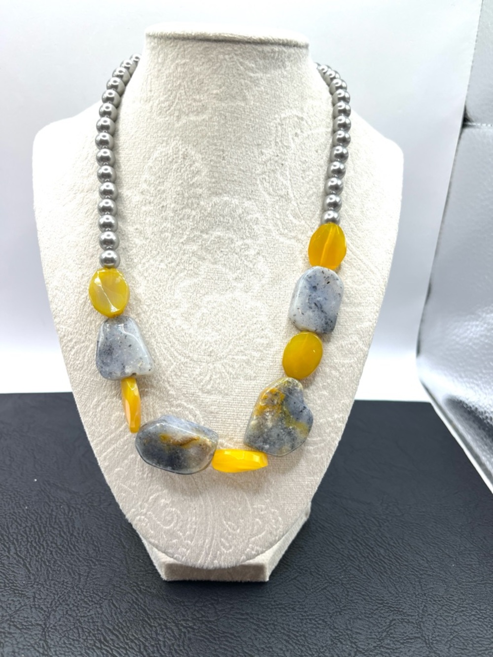 Yellow and Gray Agate Beaded and Beaded Statement Necklace  Silvertone